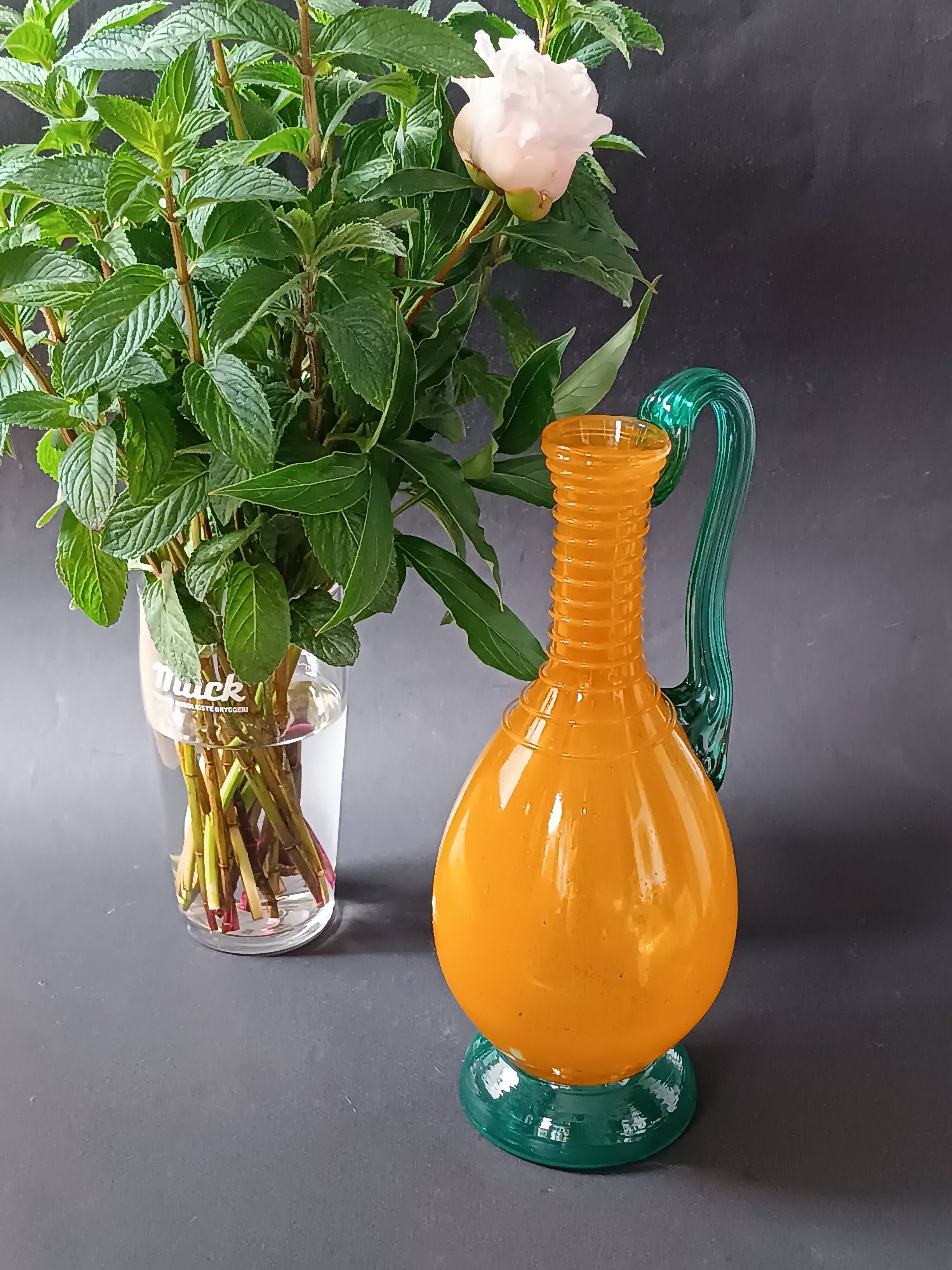 Vintage orange and green blown glass bottle, art glassware