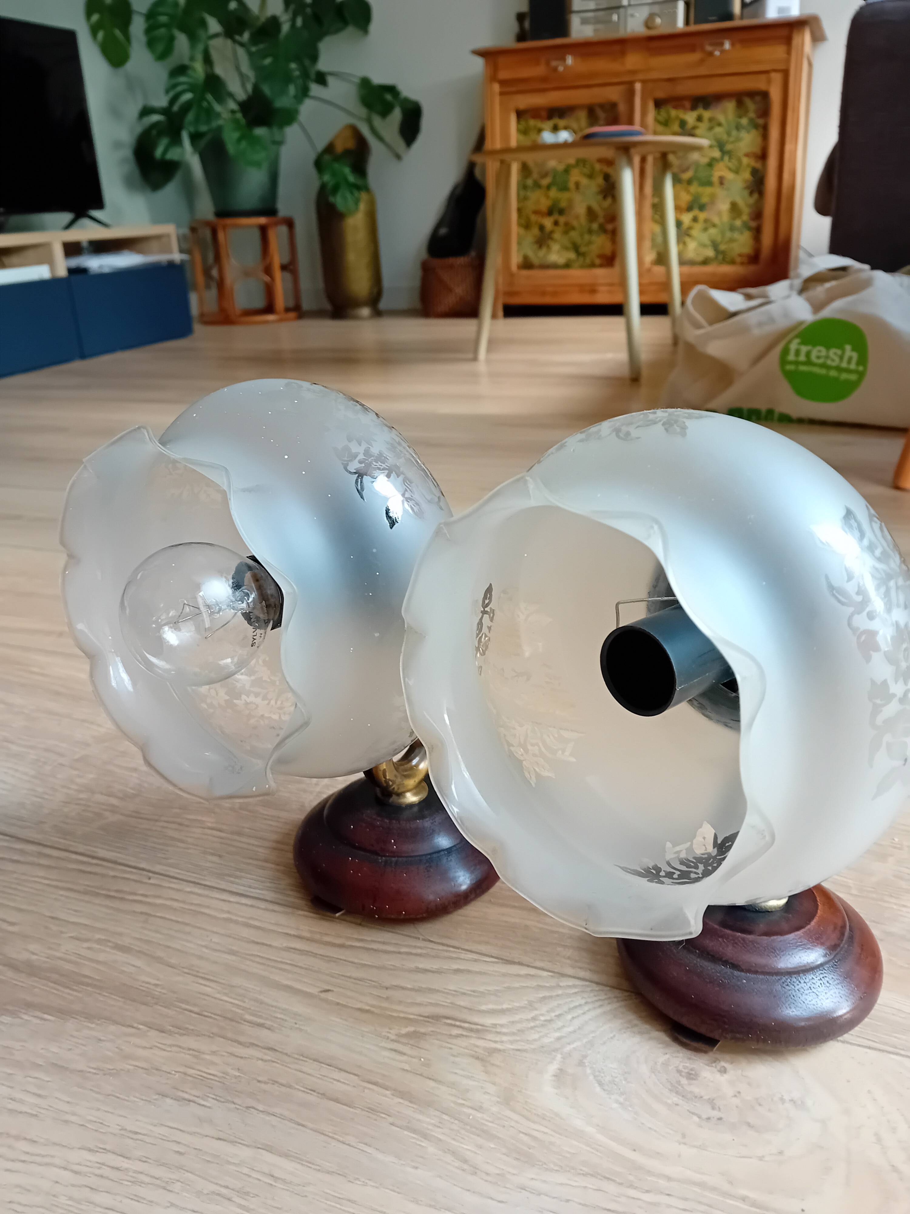 Pair of sandblasted glass, wood and brass wall lights