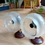Paire d'applique verre sablé bois et laiton