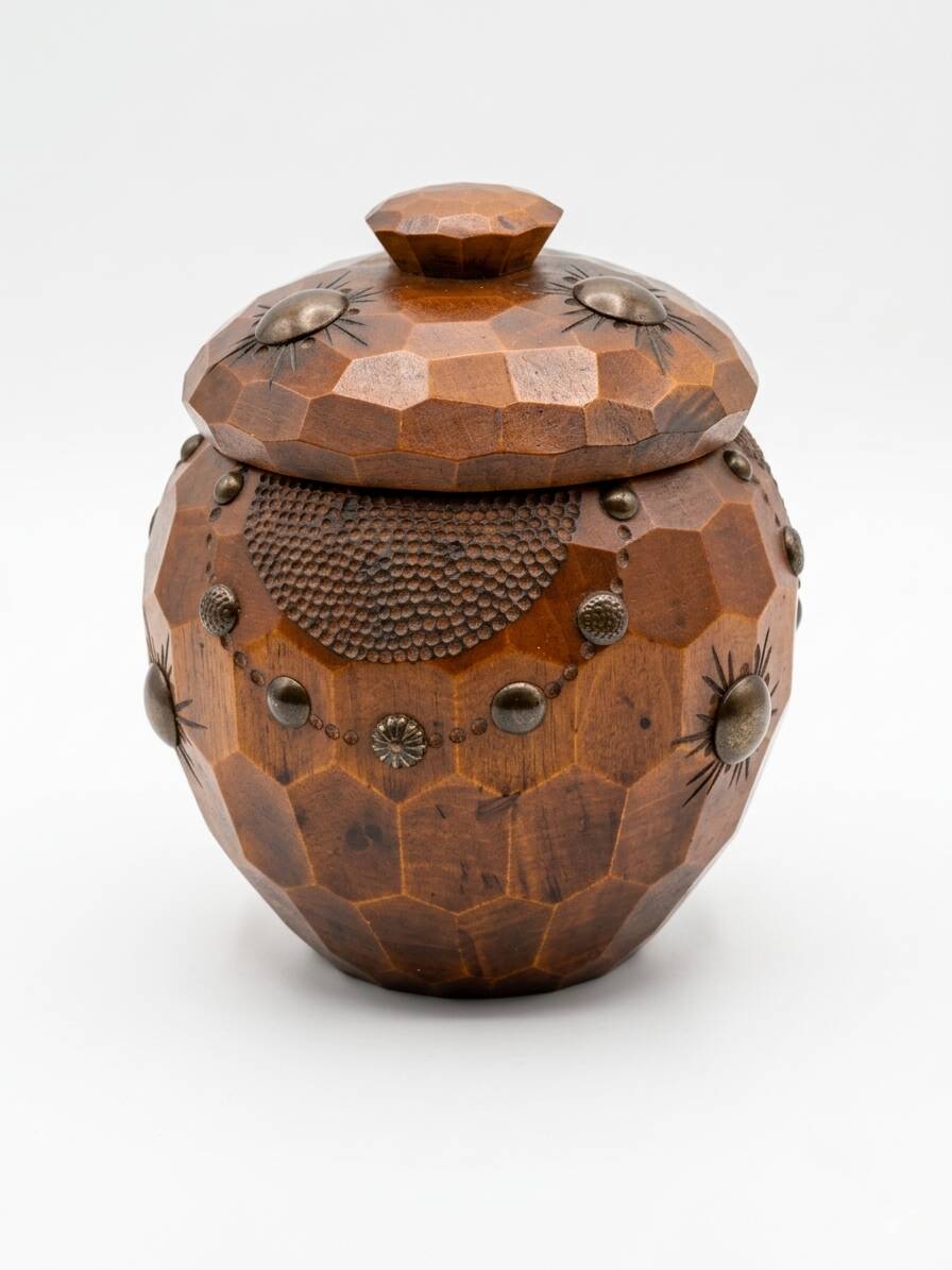 Antique tobacco pot in hand-carved walnut, Folk Art from Savoie, Chambéry.