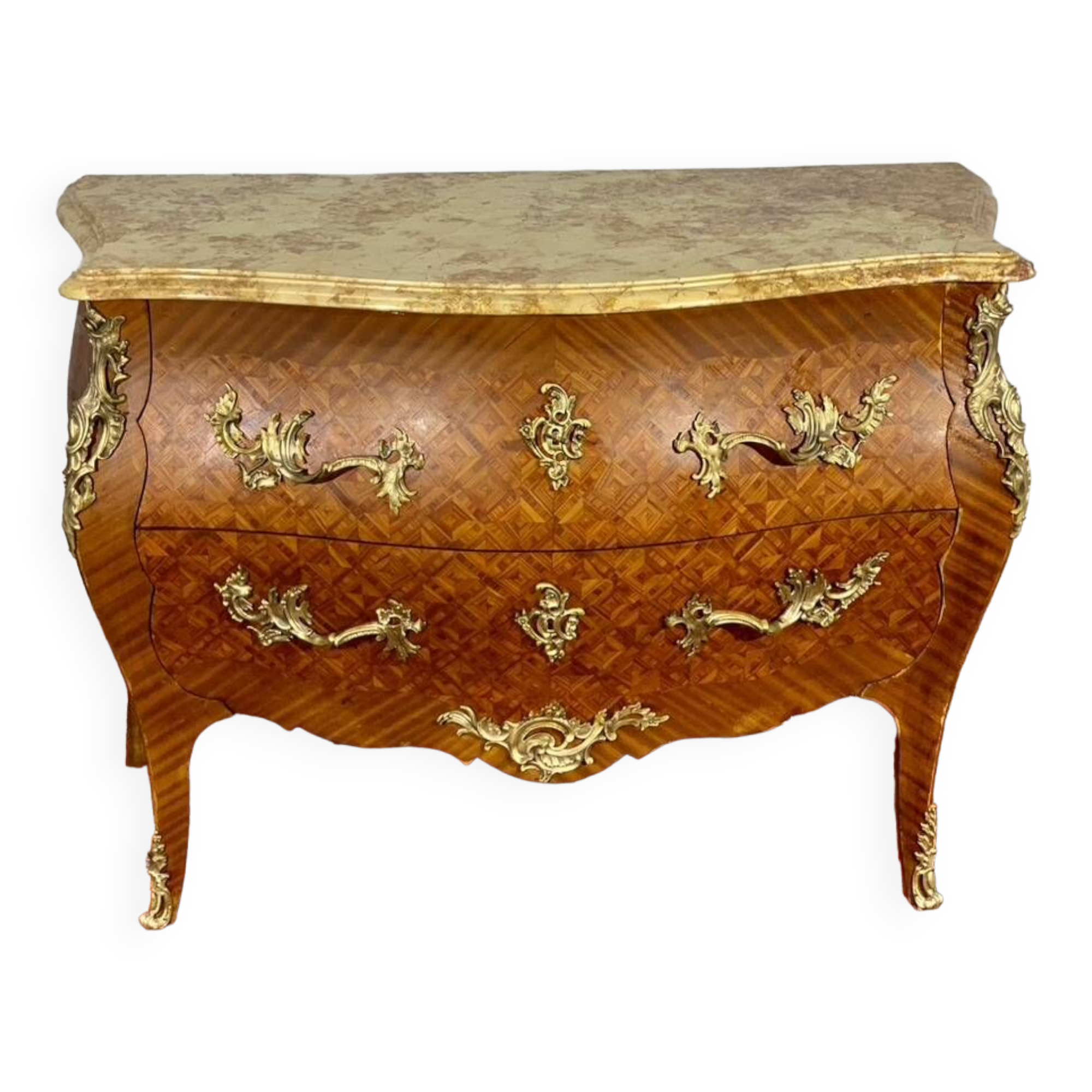 Louis XV chest of drawers, cubed rosewood marquetry, gilded bronzes, veined marble.
