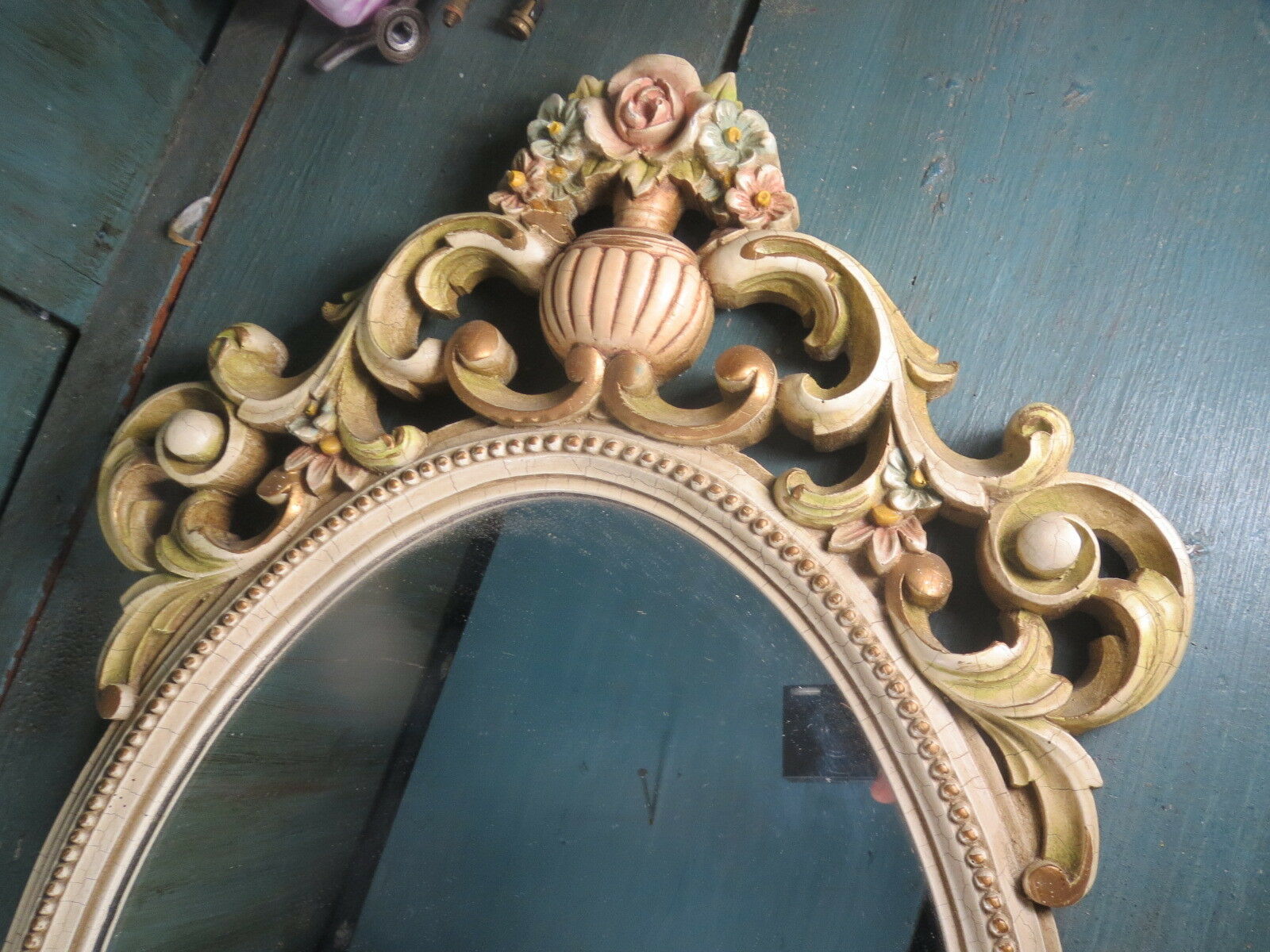 Mirror ice resin glass patina flower louis 15 cracked vintage 71x35cm