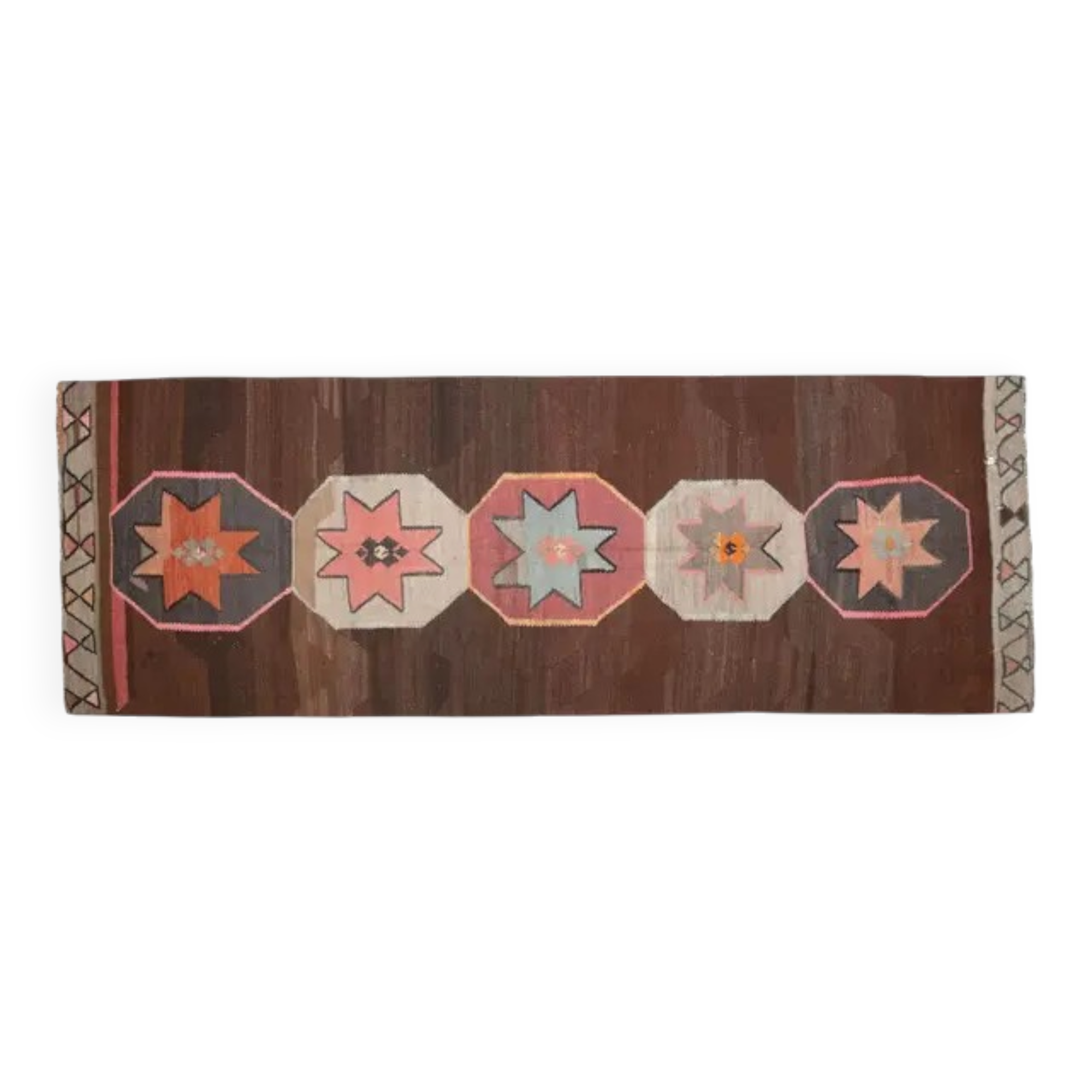 1970s Vintage Turkish Handmade Wool & Cotton Brown Runner Rug  148x426