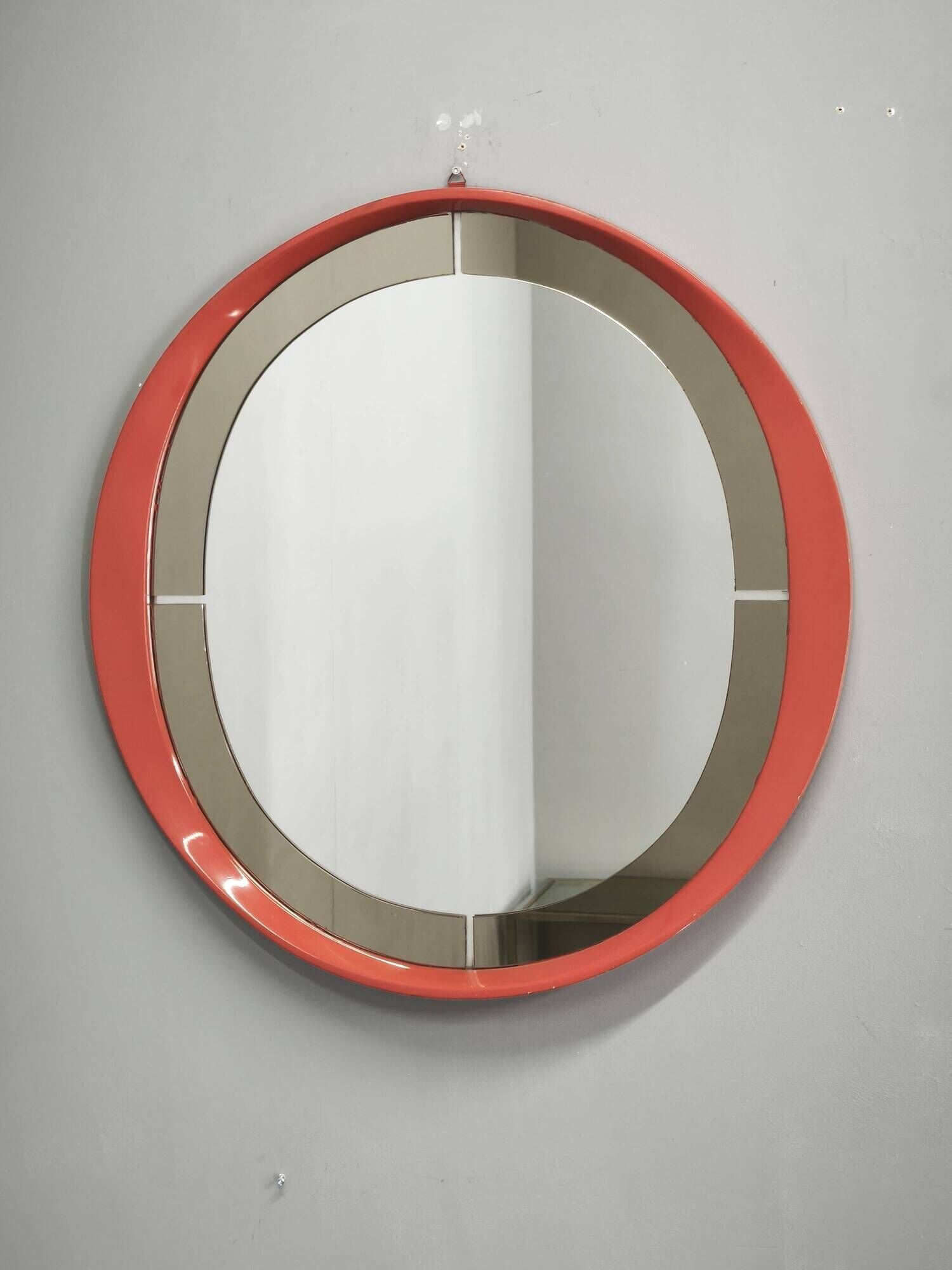 1970s Italian Space Age Red Lacquer and Smoked Glass Round Mirror