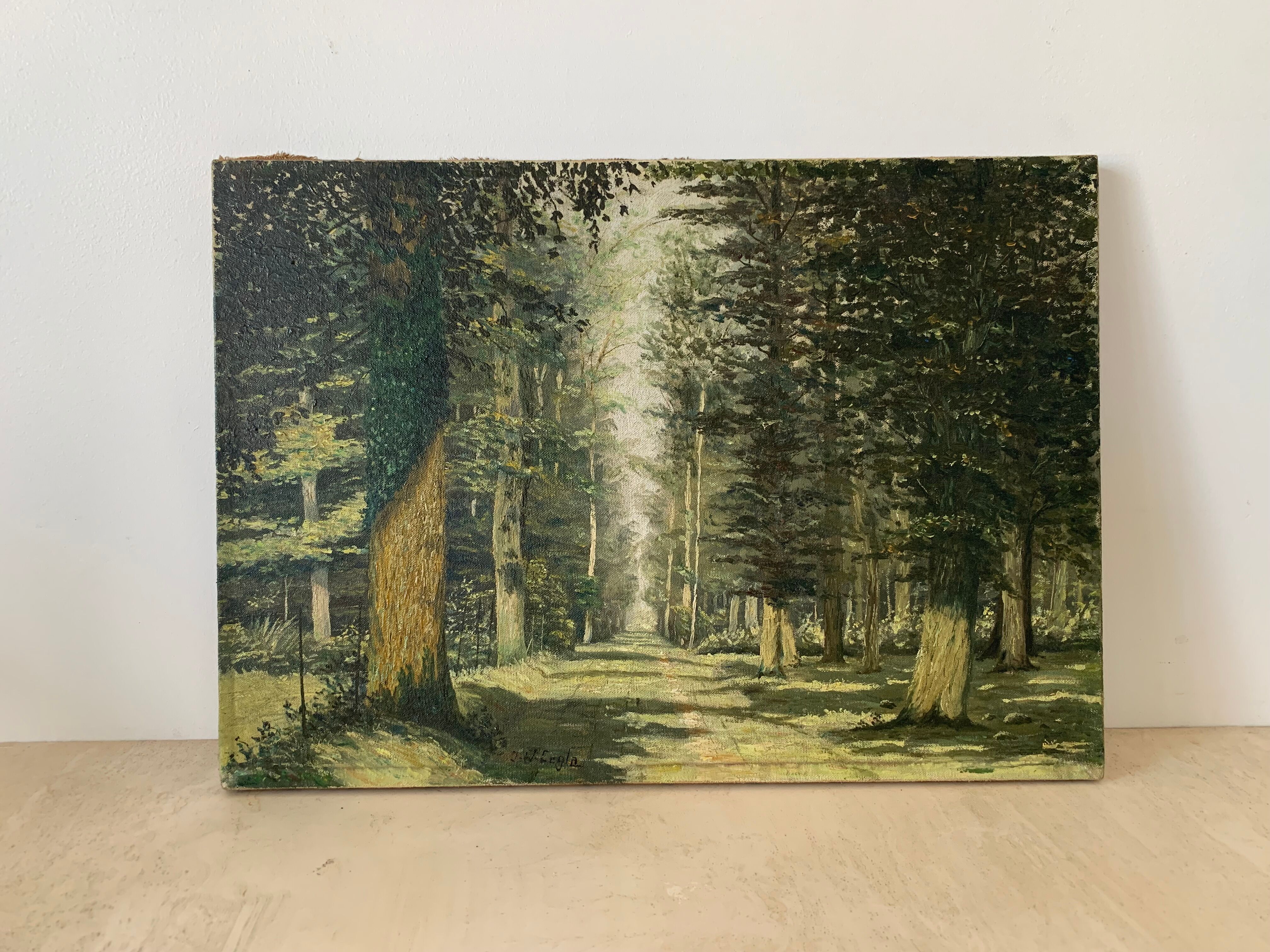 Huile sur toile, forêt, vintage