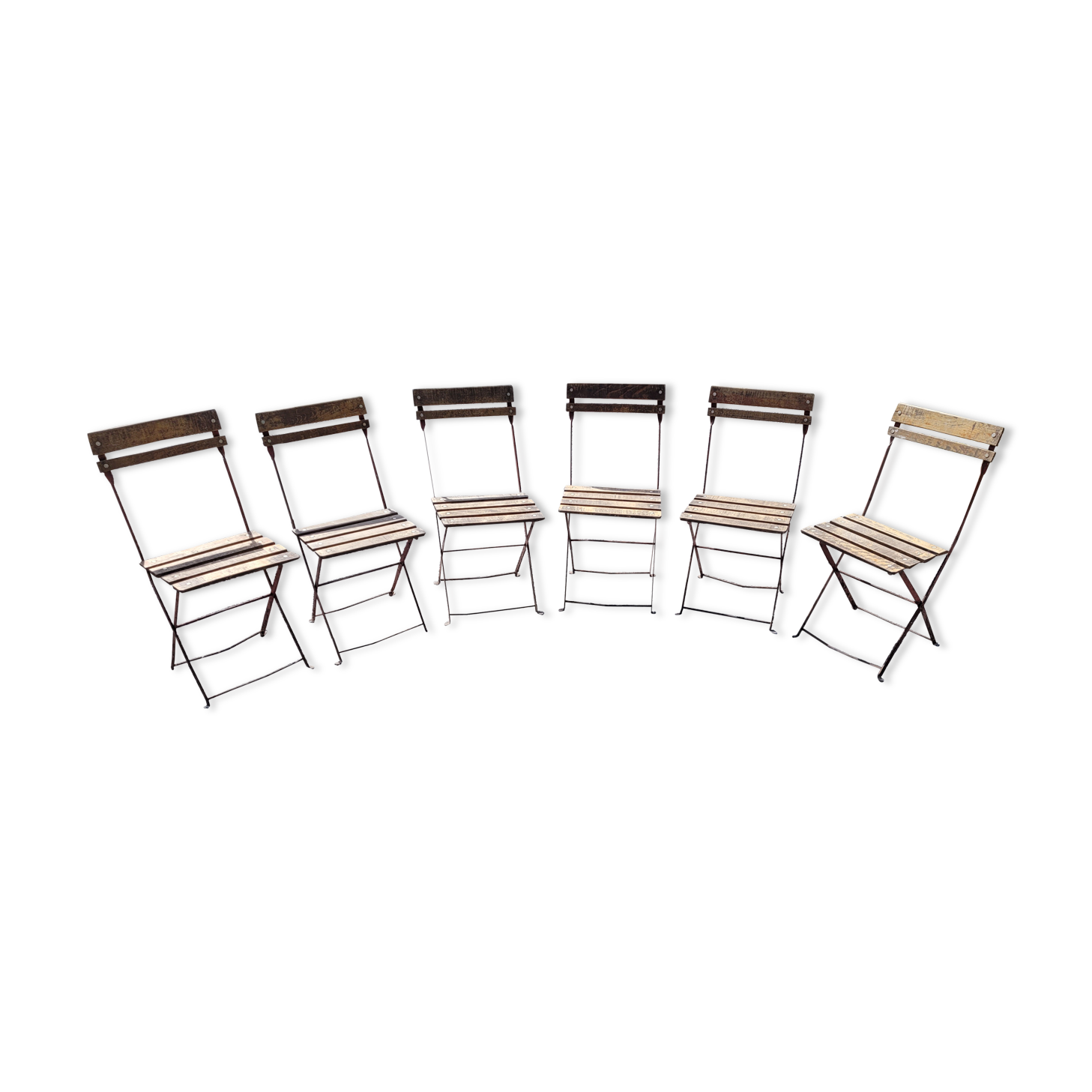 6 folding iron chairs and wooden seat