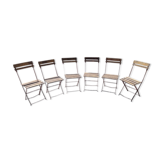6 folding iron chairs and wooden seat