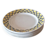 6 assiettes plates Badonviller décor géométrique (jaune noir) années 50-60