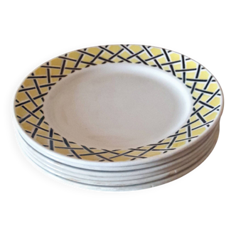 6 assiettes plates Badonviller décor géométrique (jaune noir) années 50-60