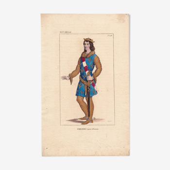 Gravure Couleur XIXe 1840 Philippe III Roi de Navarre Comte d'Evreux Costume Historique Moyen Age