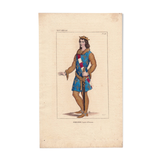 Gravure Couleur XIXe 1840 Philippe III Roi de Navarre Comte d'Evreux Costume Historique Moyen Age