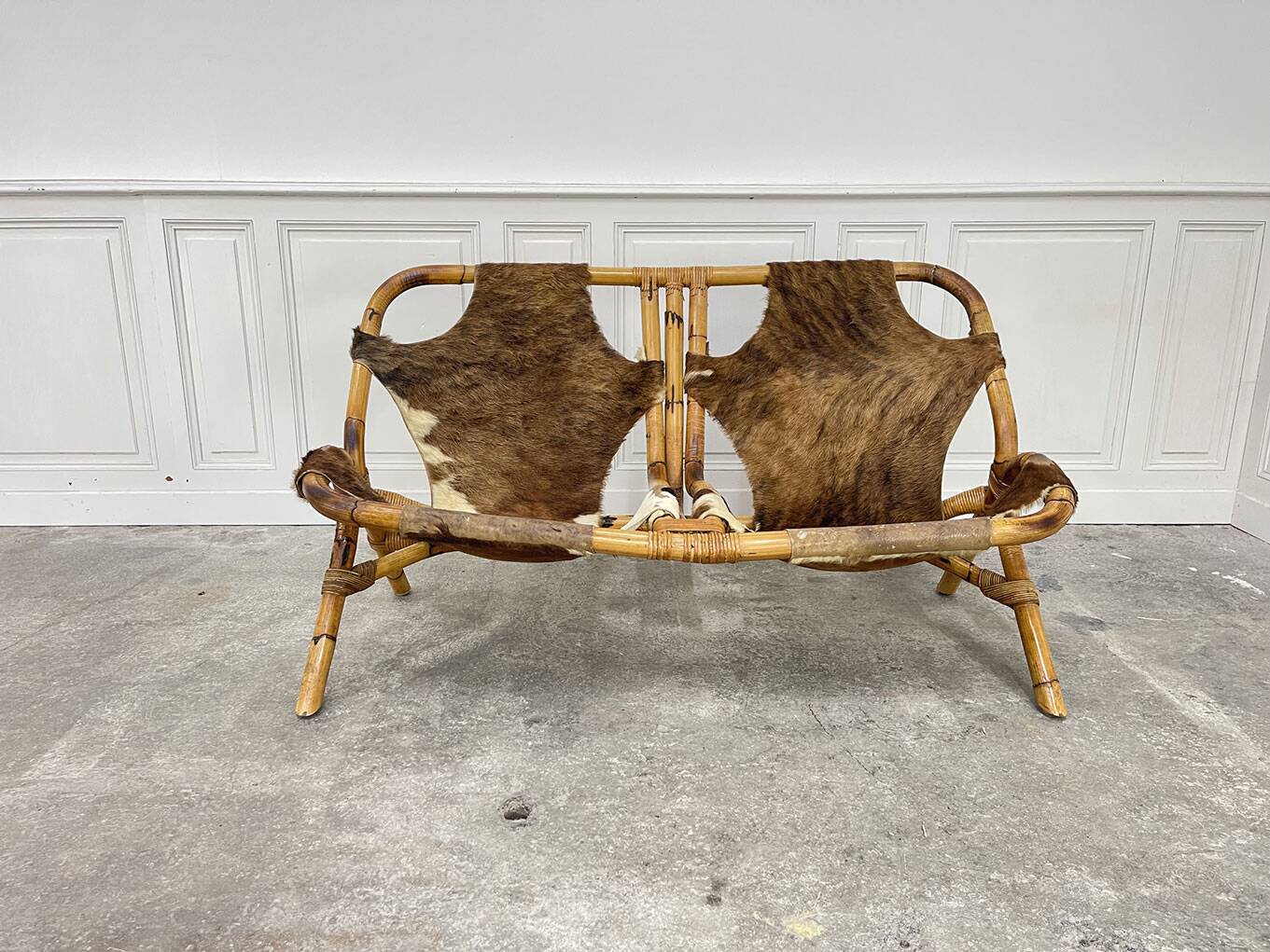 Rattan leather bench 1970