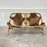 Banquette cuir rotin 1970