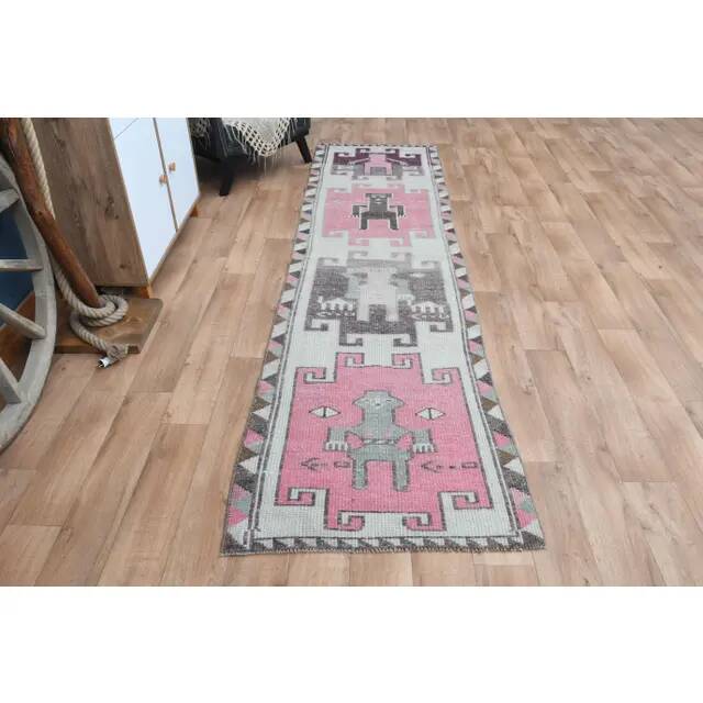 1970s Human Motif Turkish Vintage Oushak Handmade Wool Runner 92x327