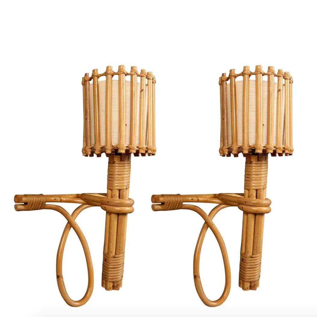 Pair of Louis Sognot rattan sconces