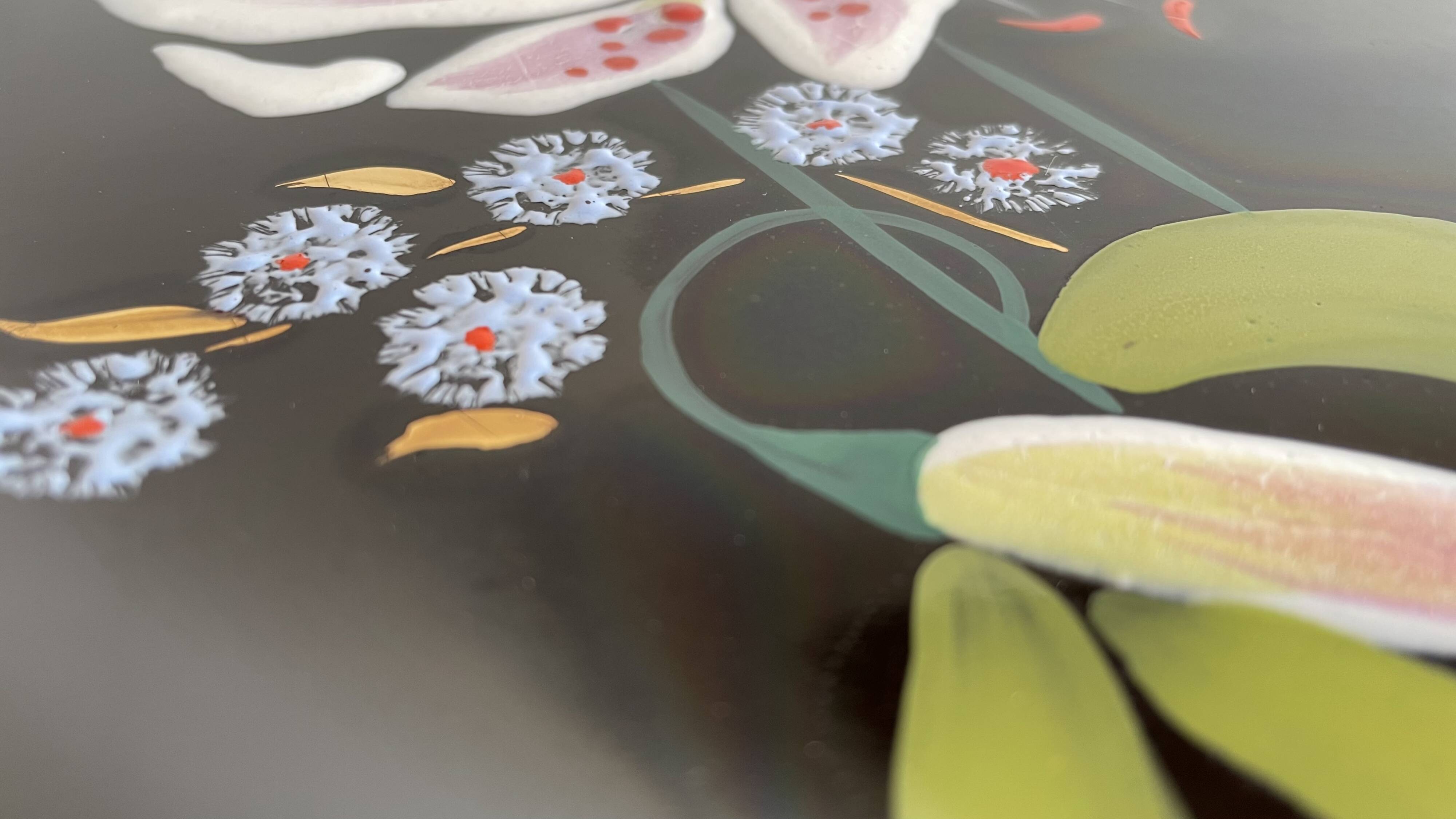 LONGWY earthenware dish with lilies signed L. VALENTI