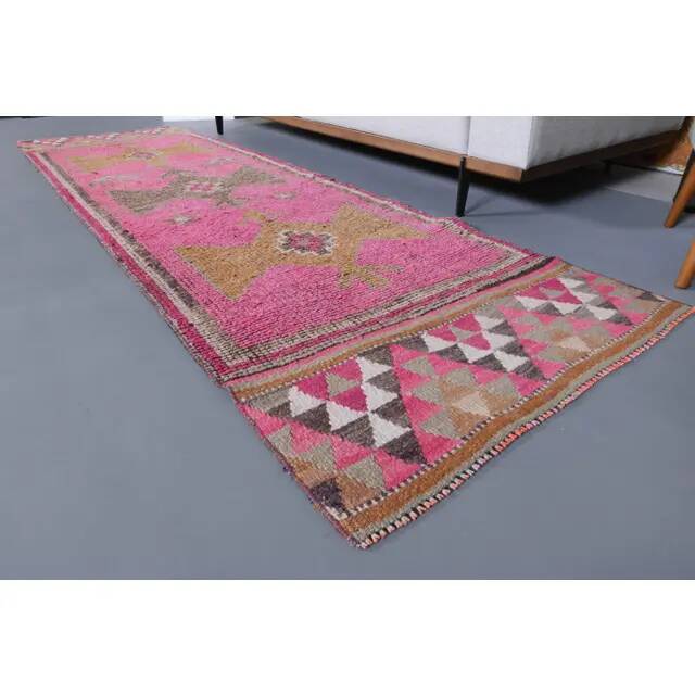 Vintage Turkish Hand-Knotted Wool Cotton Pink Runner Rug 90x298