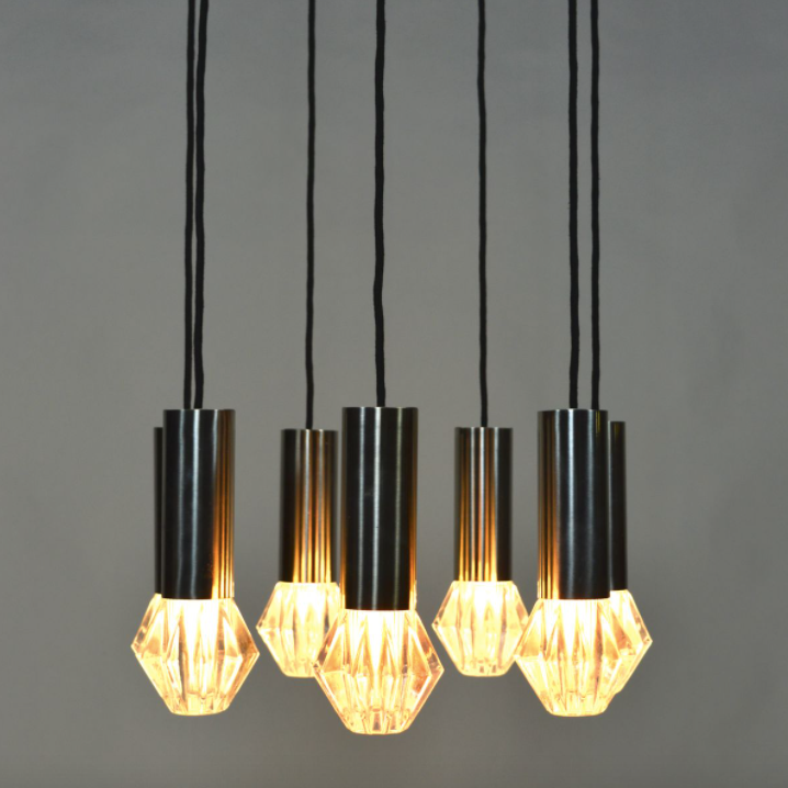 Vintage suspension lamp in chrome metal and glass 1970