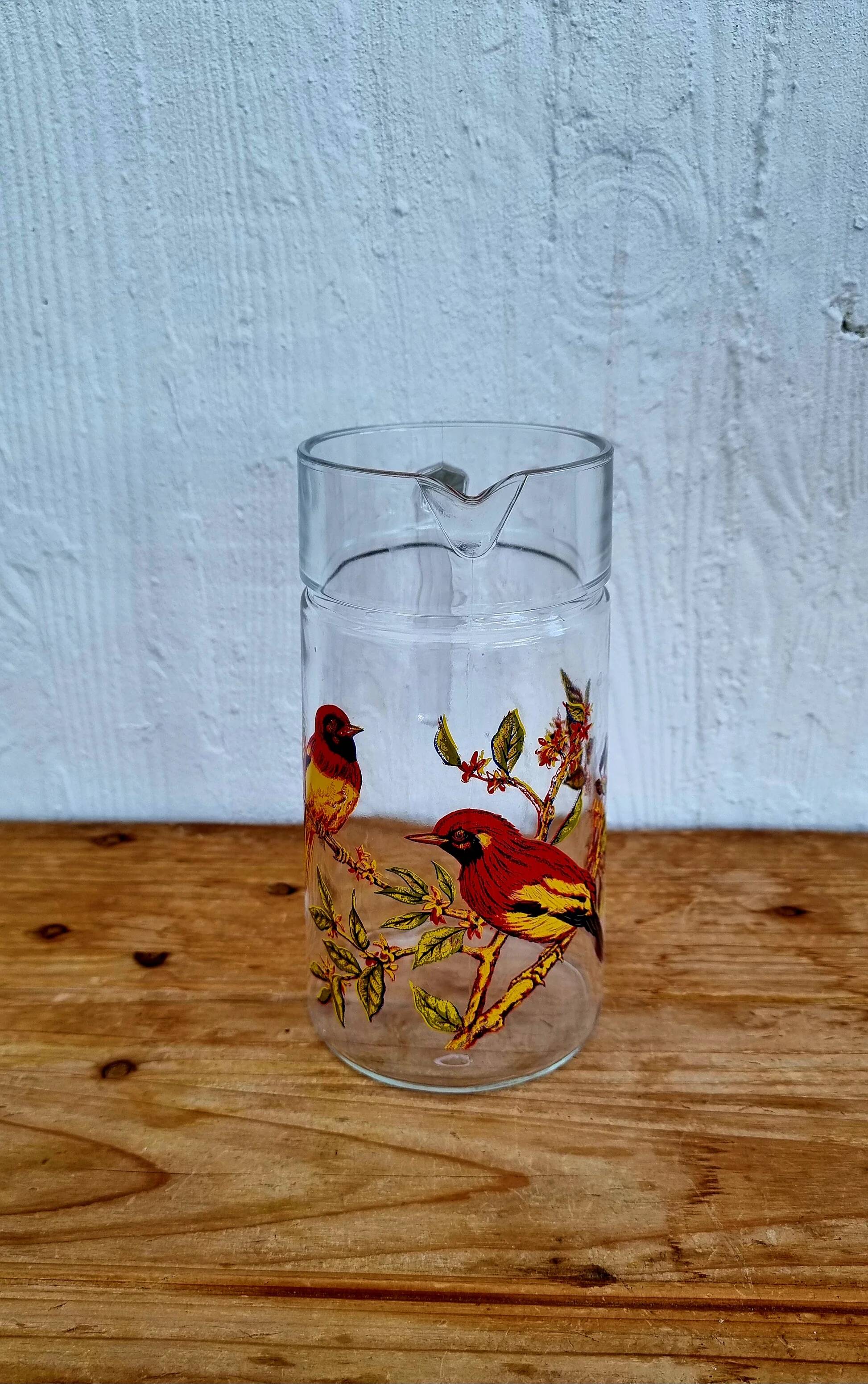 Vintage 1970s orangeade set with a jug and 8 glasses decorated with birds.