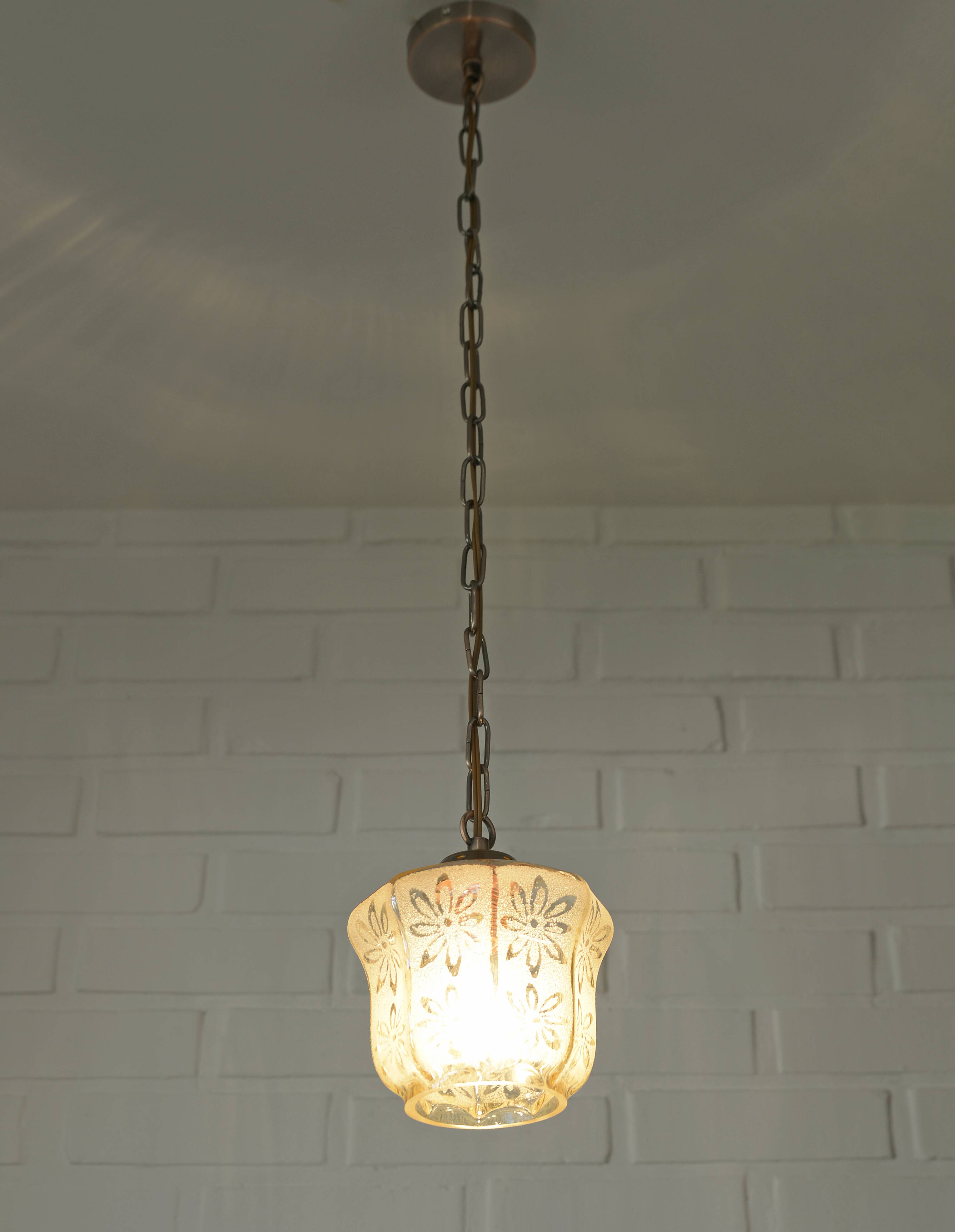Vintage copper pendant light / amber glass and rustic chain hanging lamp