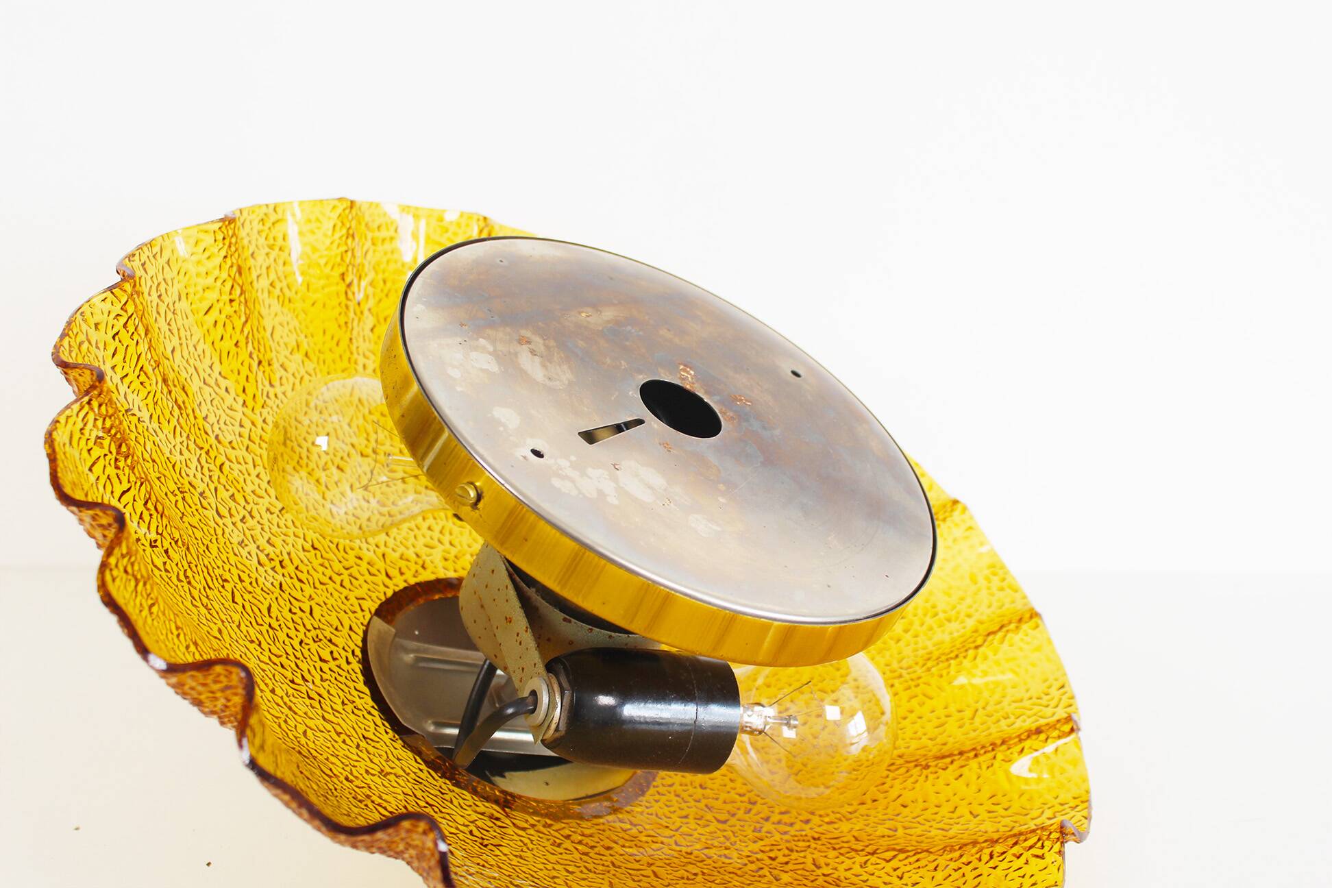 Vintage 1970's Brass and amber glass ceiling flush mount light, Germany