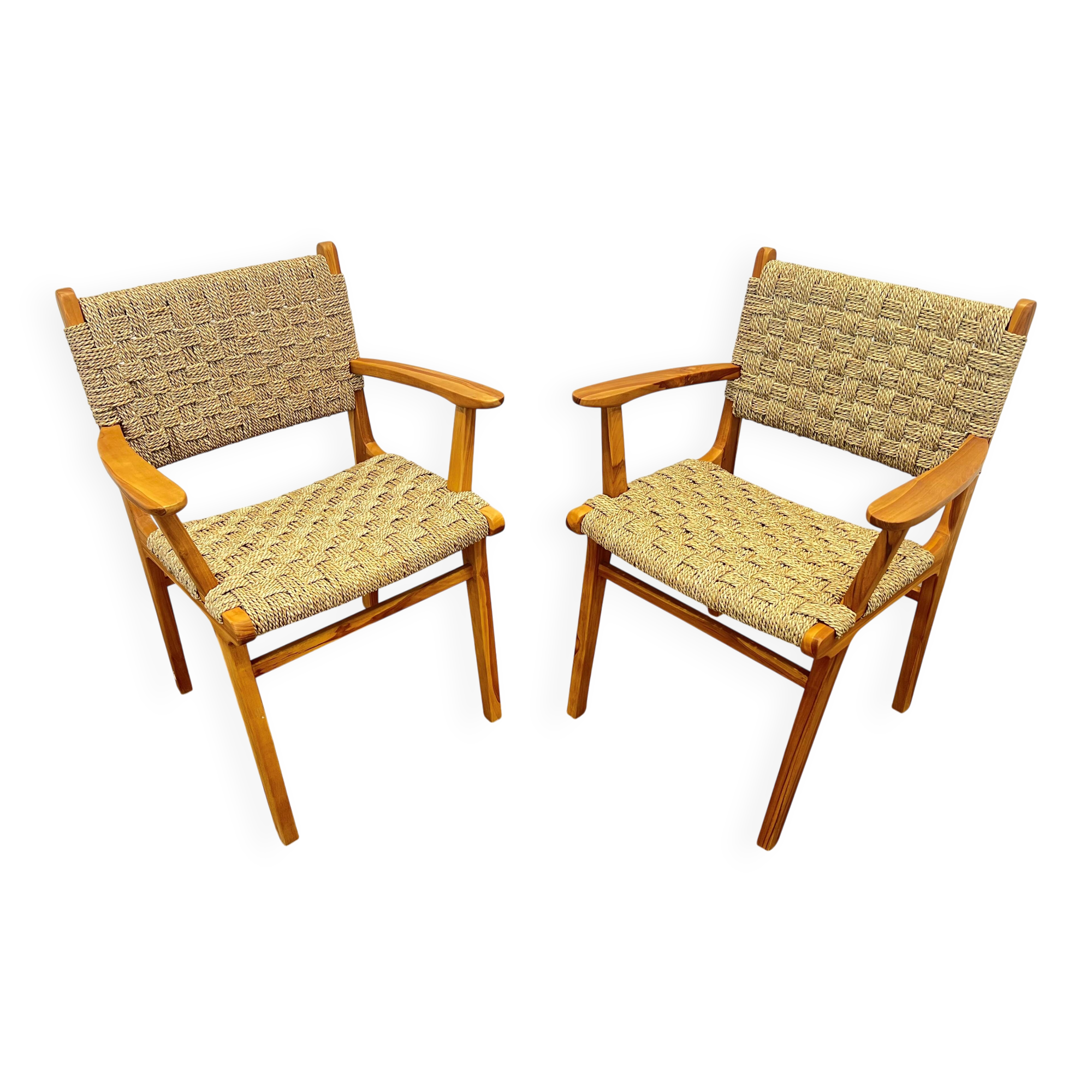 Pair of woven teak armchairs