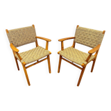 Pair of woven teak armchairs