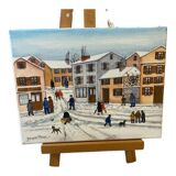 Oil on naïve canvas by Jaques Hara: village street