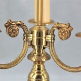 Lampe bouillotte en bronze de style Louis XVI, Trois lumières, Abat-jour peint en vert Craquelé