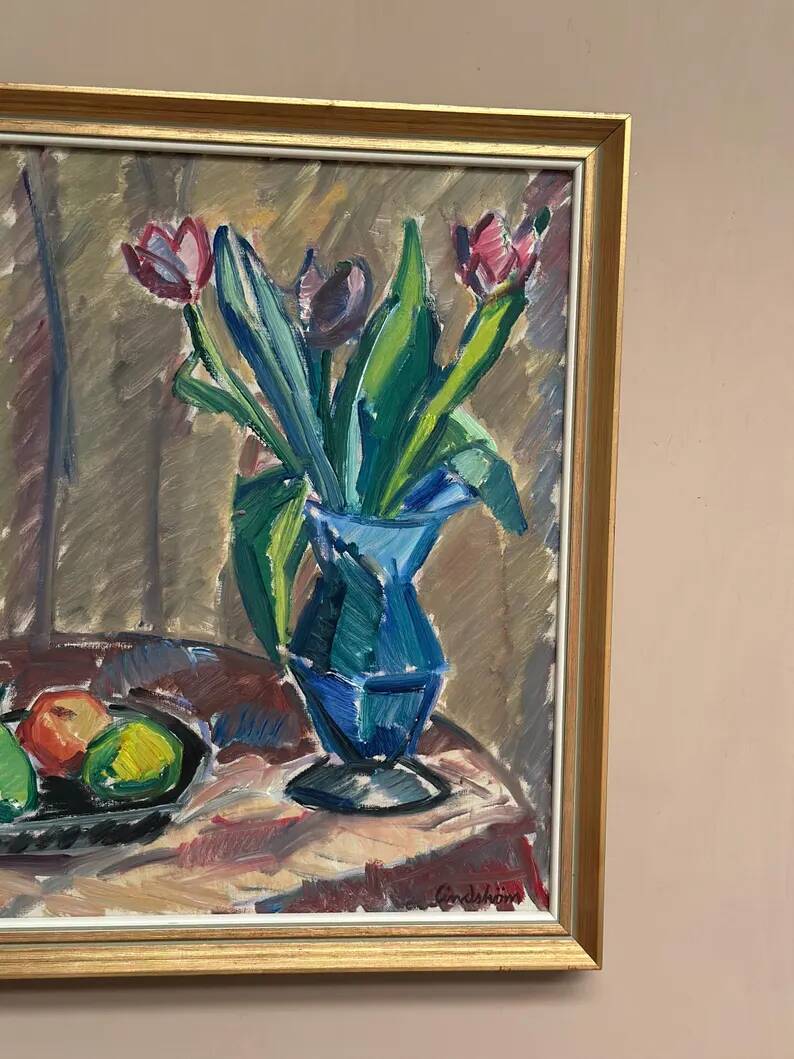 Original Swedish Oil on Canvas - 'Tulips' by Knut Lindström - Signed - Dated 1966 - Framed