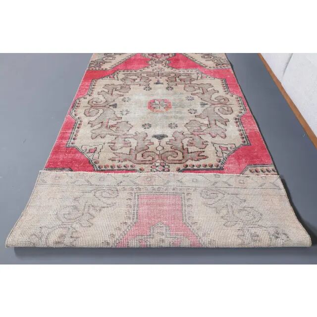 Vintage Turkish Hand-Knotted Wool Cotton Pink Runner Rug 105x228