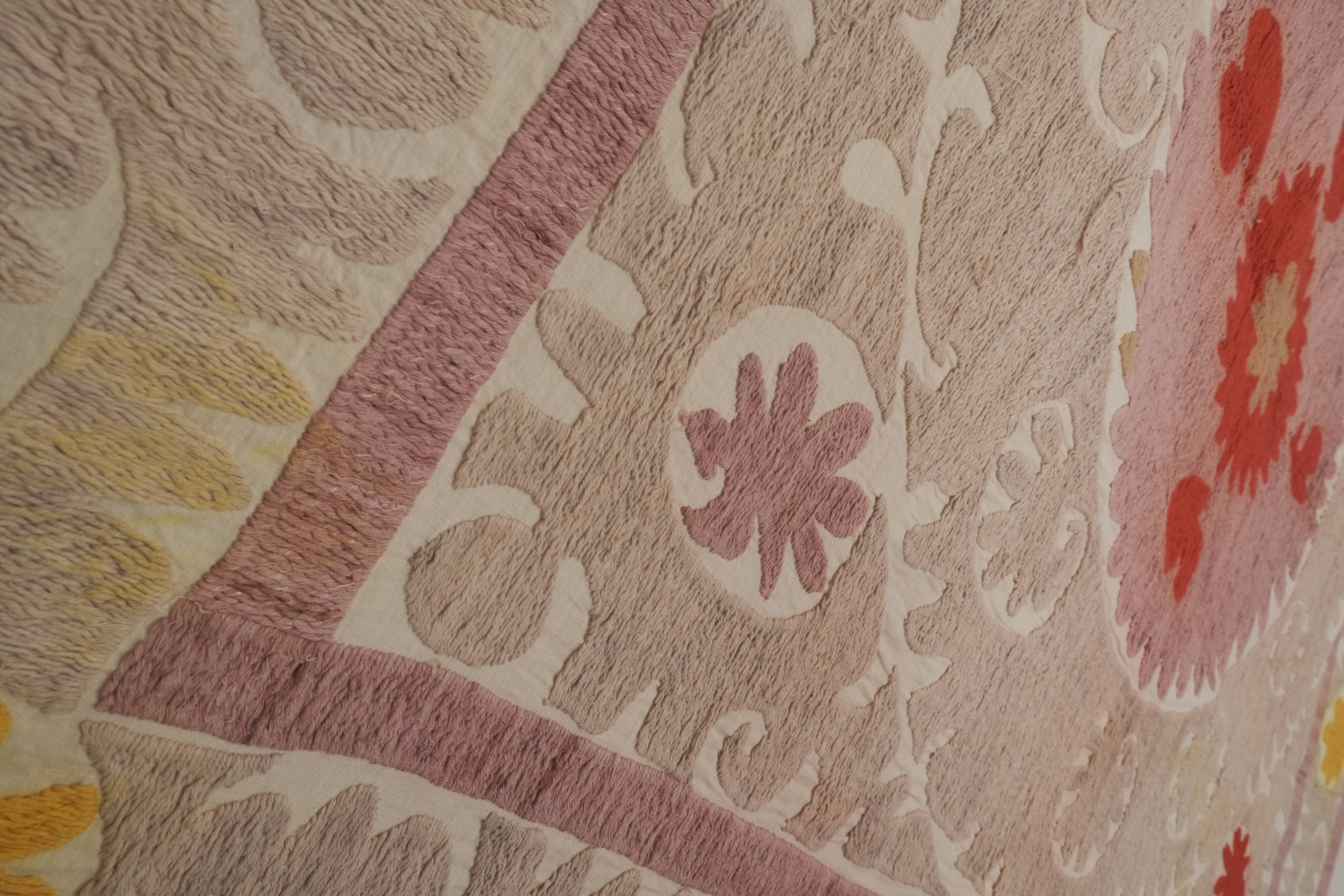 Embroidered tan suzani table cover, vintage tan and pink old embroidery textile