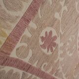 Embroidered tan suzani table cover, vintage tan and pink old embroidery textile