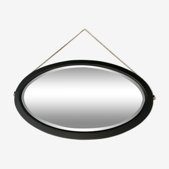Oval mirror in "powder black" wood with rope
