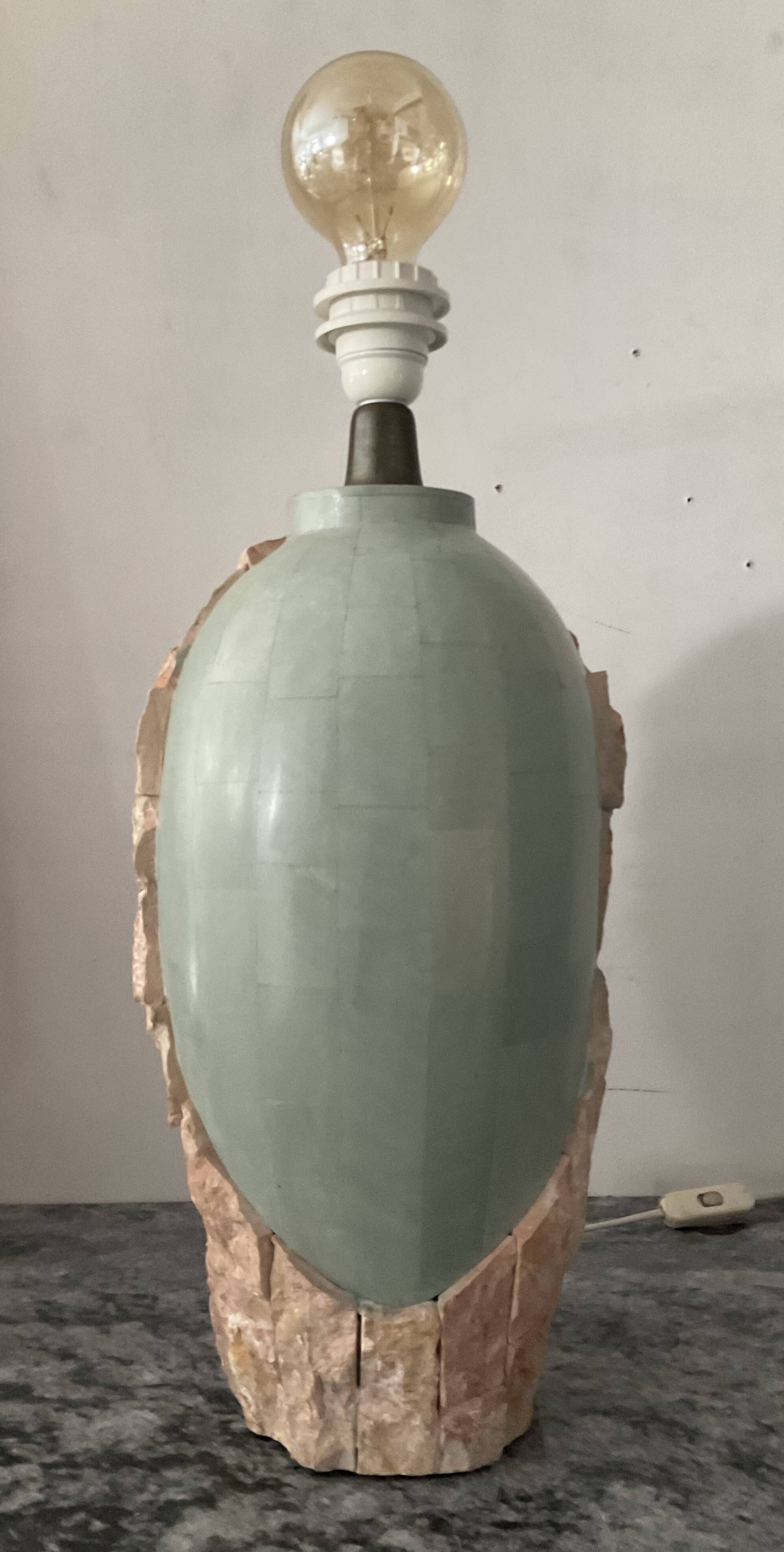 Vintage lamp base in Mactan stone and green marble.