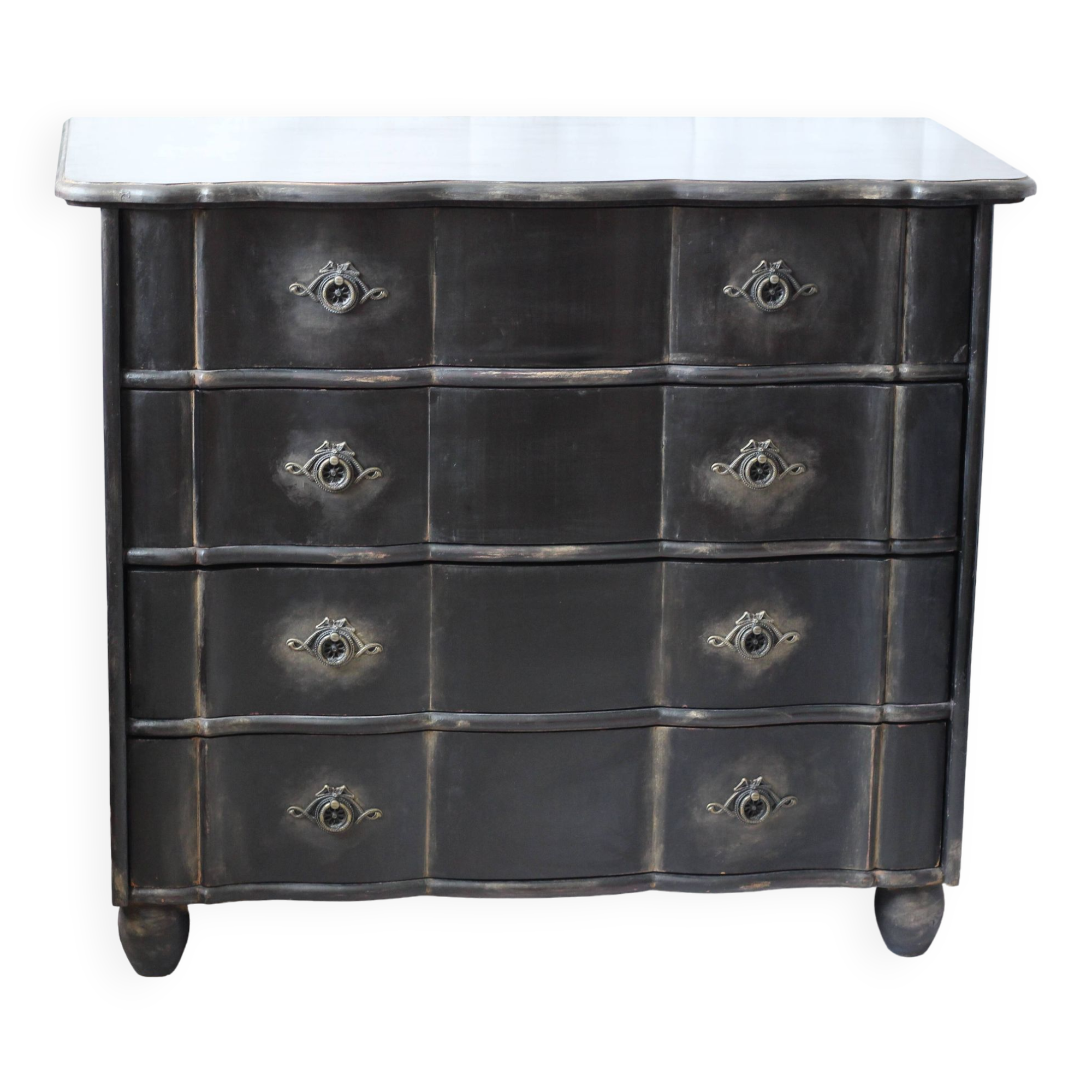 Victorian style black patinated crossbow chest of drawers