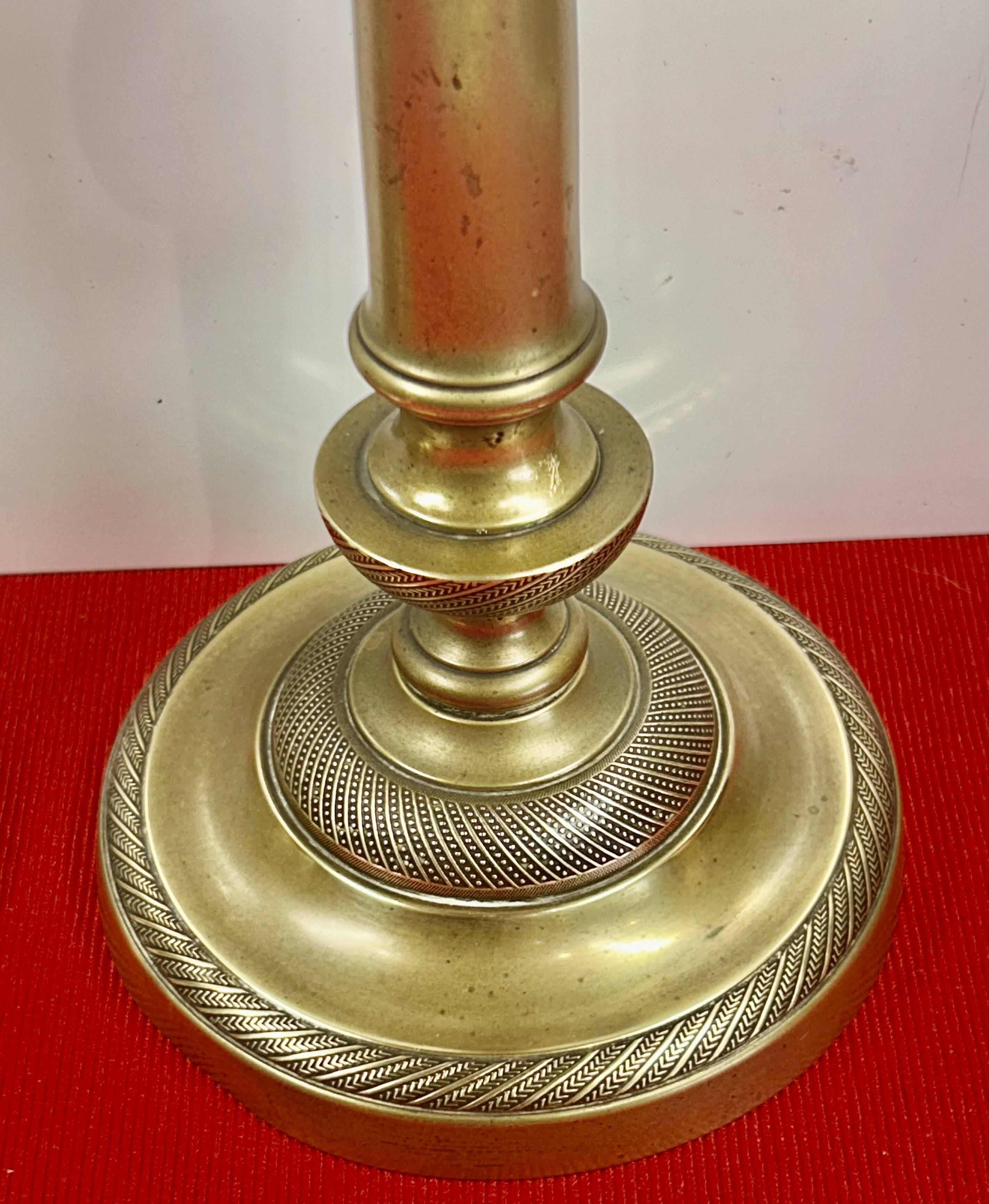 Pair of 19th-century restoration candlesticks in guilloché bronze - H 27 cm