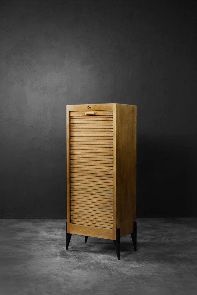 Vintage Industrial Danish Roller Shutter Brown Oak Cabinet with Drawers