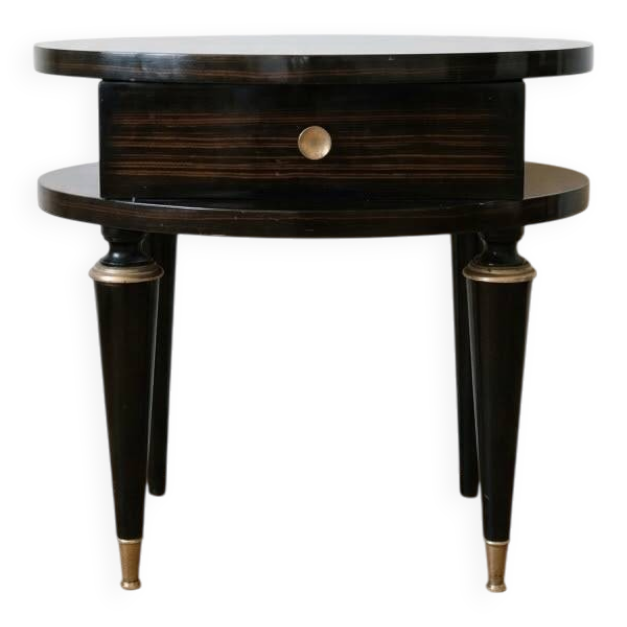 Art Deco bedside table in black wood with gold details.