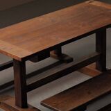 Table and pair of benches in solid pine – France, circa 1970