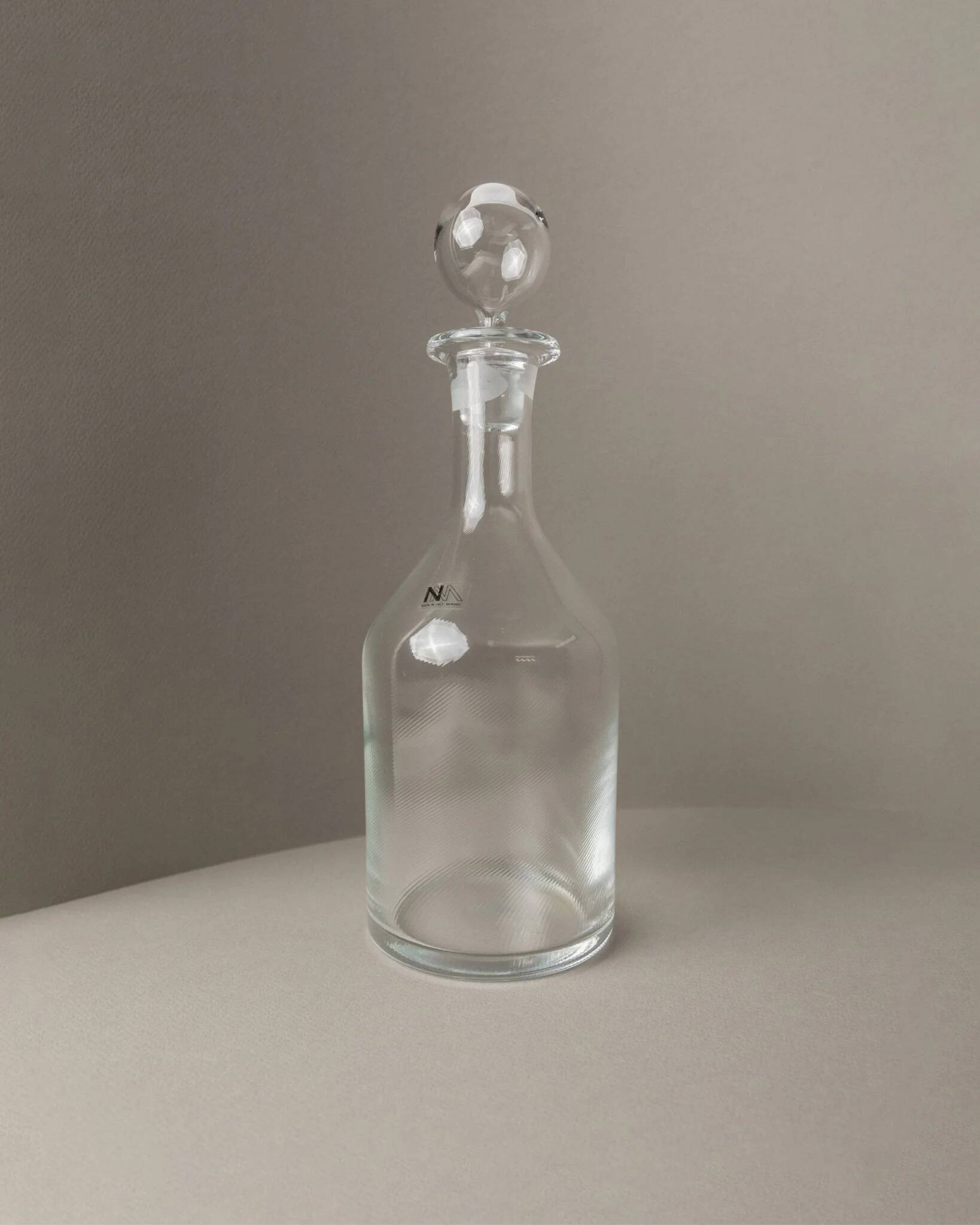 Clear Murano glass decanter with stopper - Italian 1980s liqueur bottle, fluted texture, decorative glass art