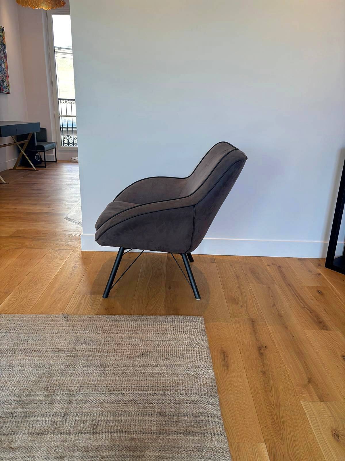 Pair of Joe PMP furniture armchairs in anthracite grey fabric.