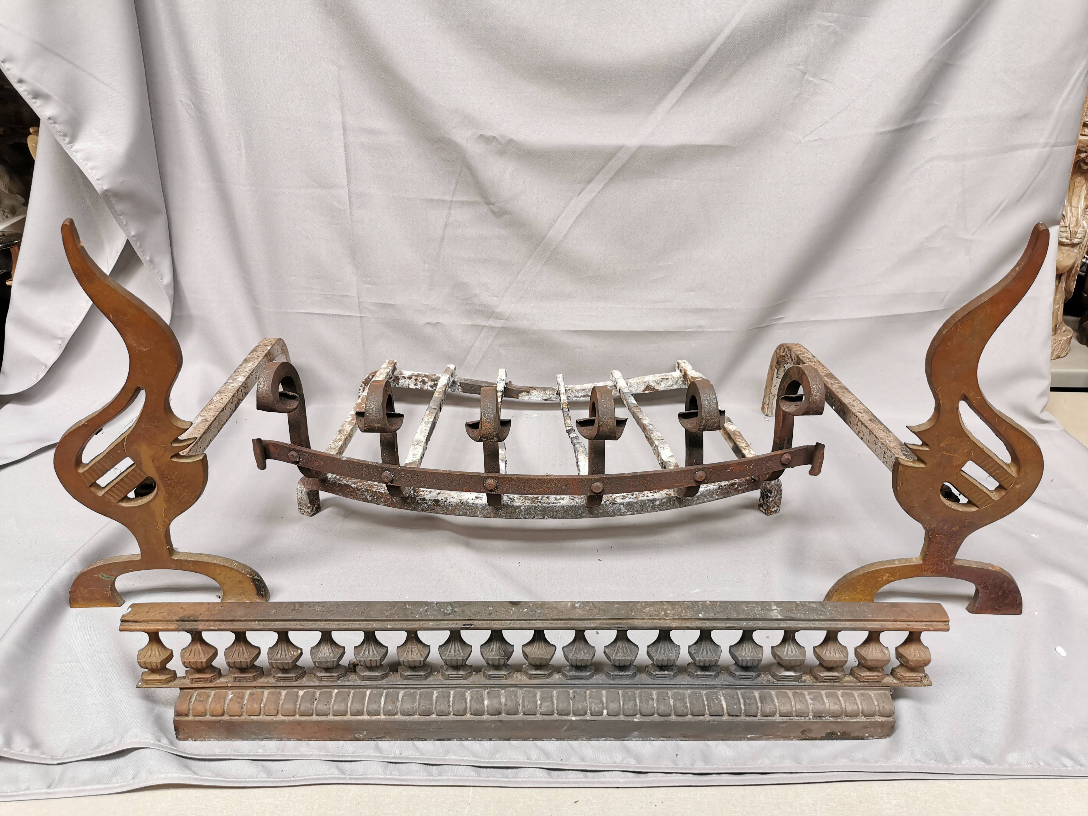 Pair of vintage design andirons bronze flame for fireplace