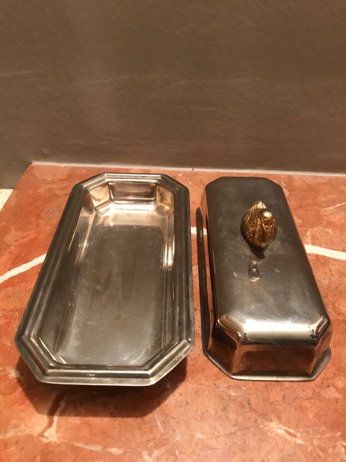 Old silver metal butter dish, duck