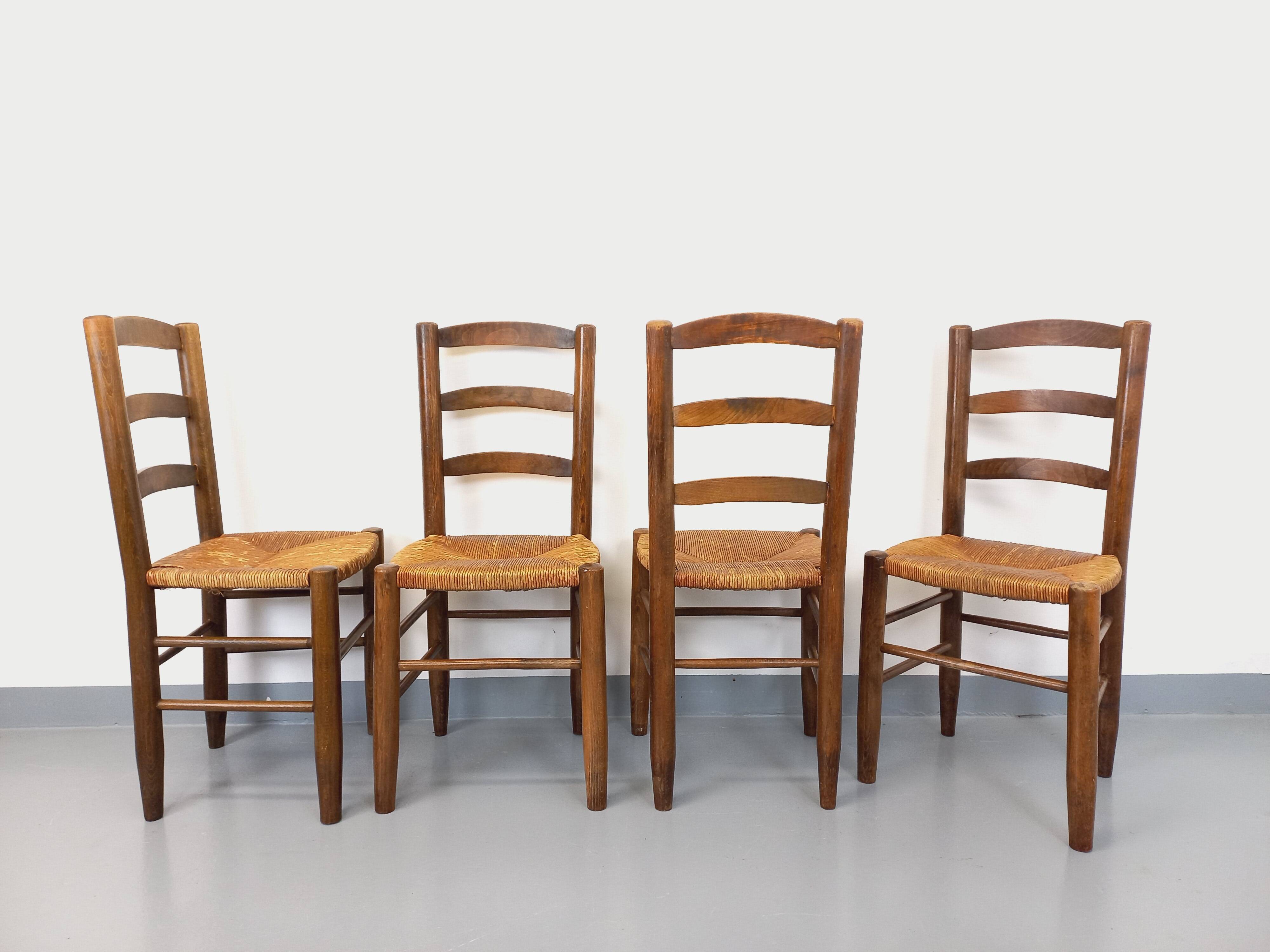 Set of 4 vintage brutalist chairs in wood and straw from the 60s
