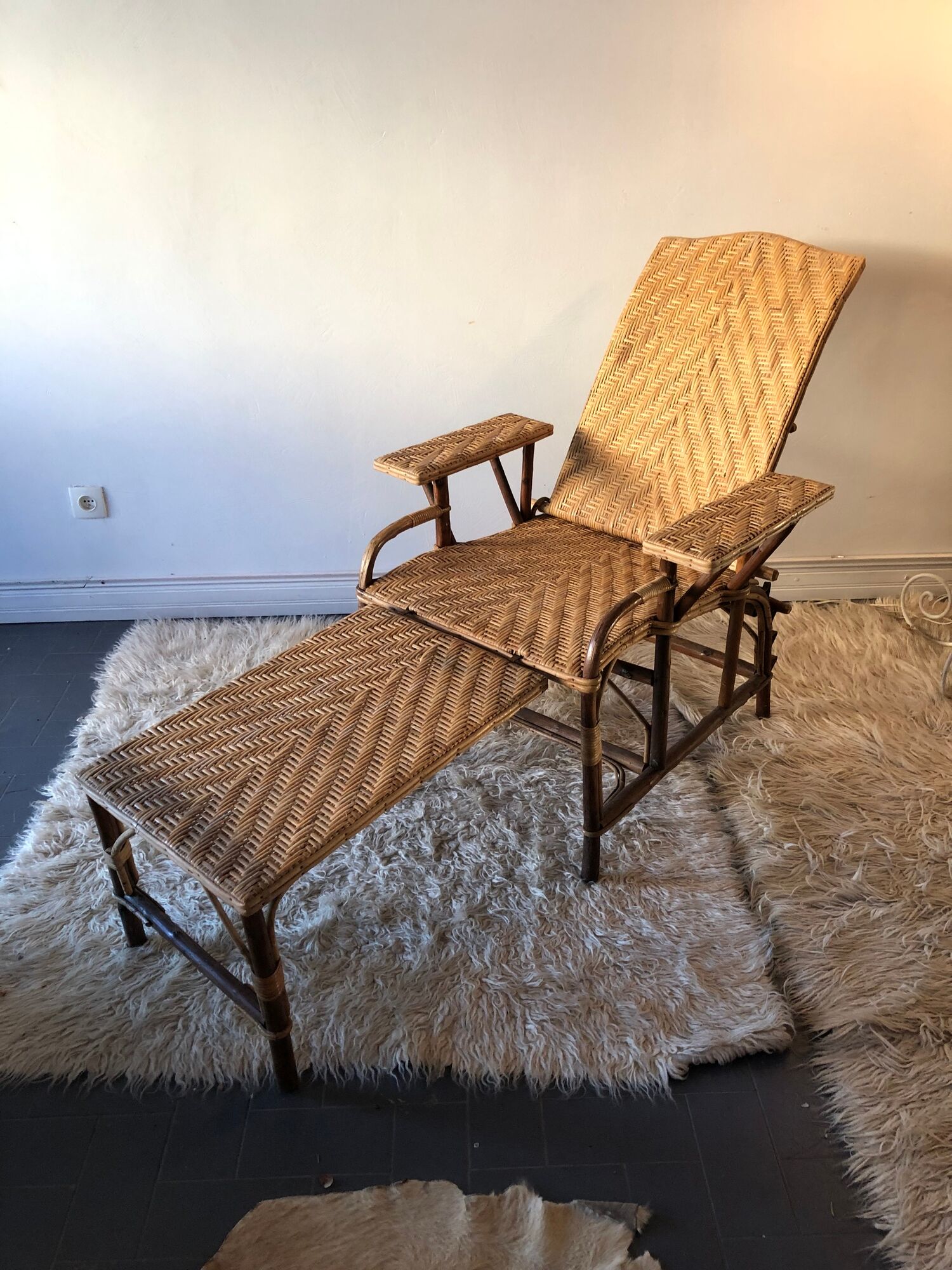 Bamboo and vintage rattan long chair, 40s/50s