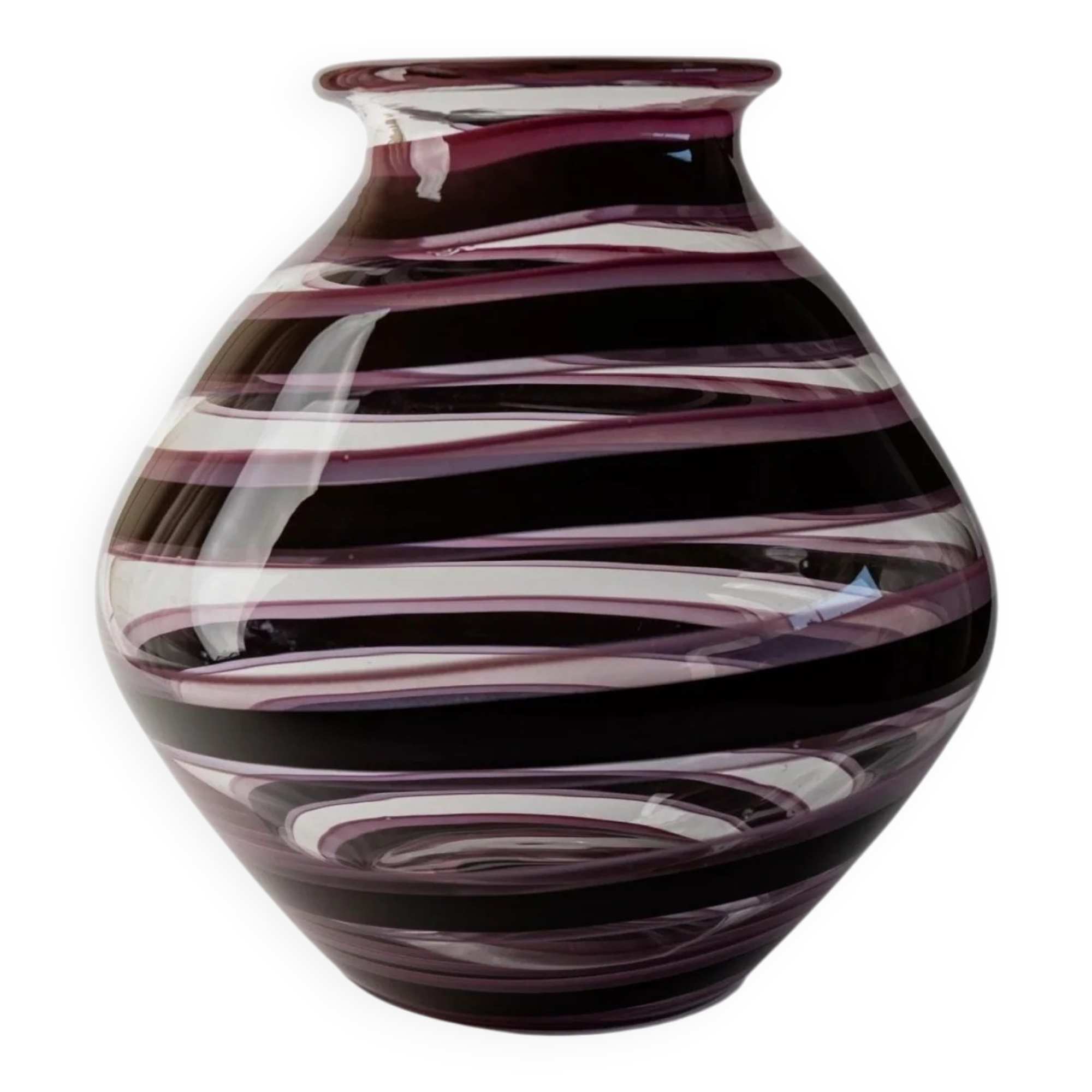 Vase en verre Murano XXL en verre clair avec des rayures violettes, verre d'art italien des années 1970.