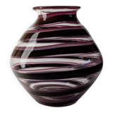 Vase en verre Murano XXL en verre clair avec des rayures violettes, verre d'art italien des années 1970.