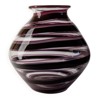 XXL Murano Glass Vase Clear Glass with Violet Stripes Italian 1970s Art Glass