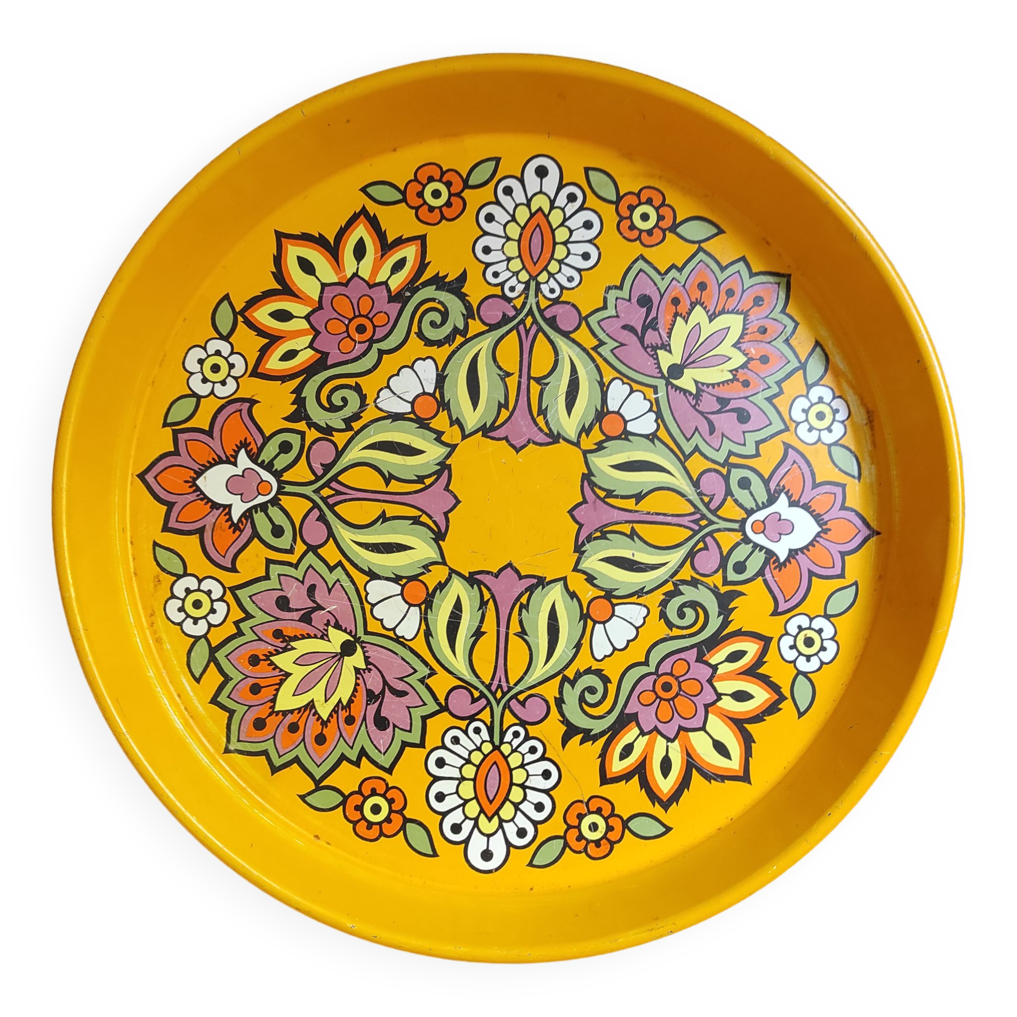 Plateau rond en métal vintage seventies jaune de 30 cm de diamètre
